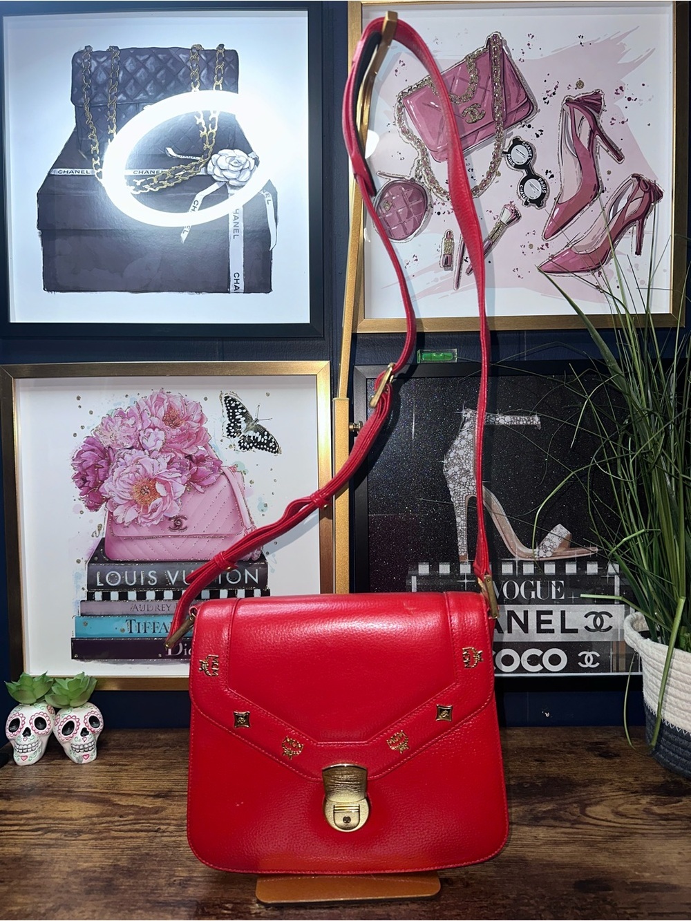 MCM Patricia Red Pebbled Leather Crossbody Bag Gold Studs  Vintage